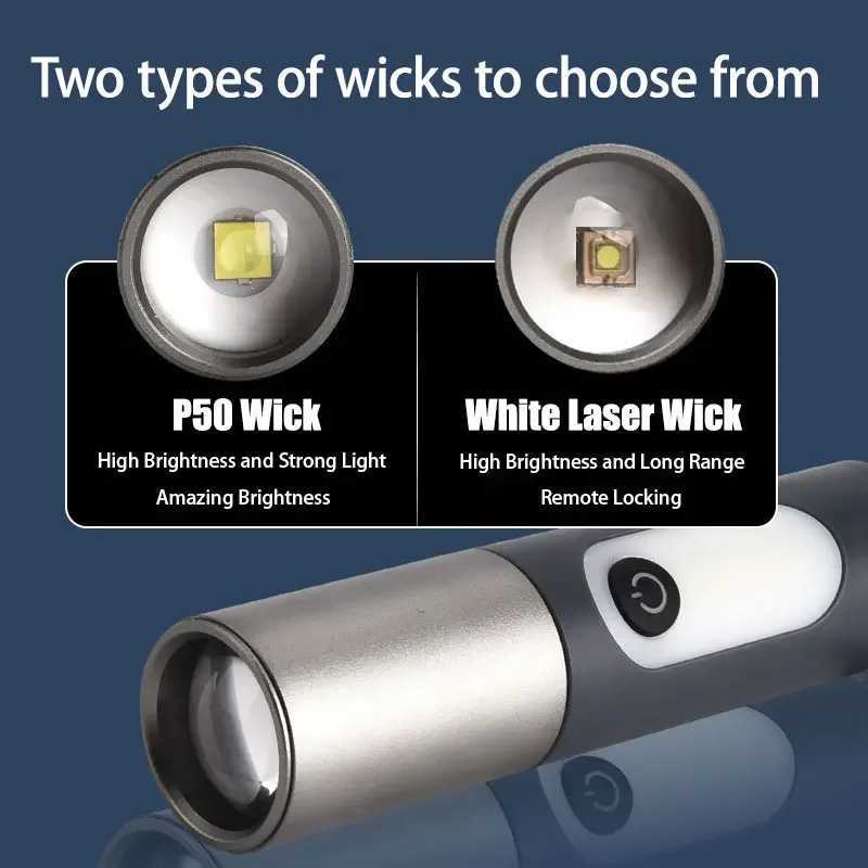 Strong Light Zoom LED Flashlight P50/White Laser Lighting Torch USB Rechargeable Lantern Outdoor Portable Camping Lamp with Hook W250701