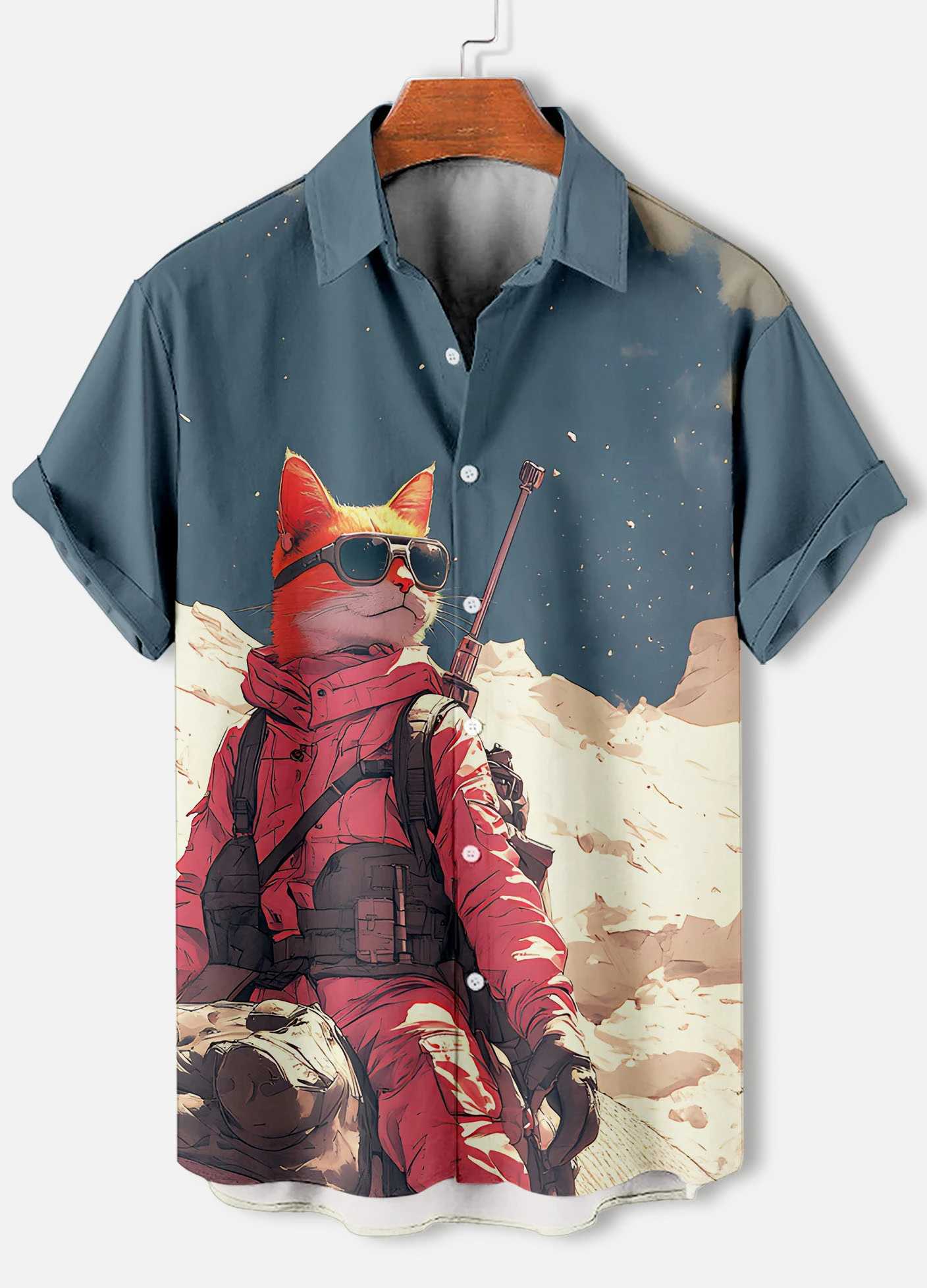 Mens Retro Cartoon Anime Cat Theme Short Sleeve Shirts Short Sleeve Tops Fashion Casual Vacation Streetwear Summer Mens Shirts W250627