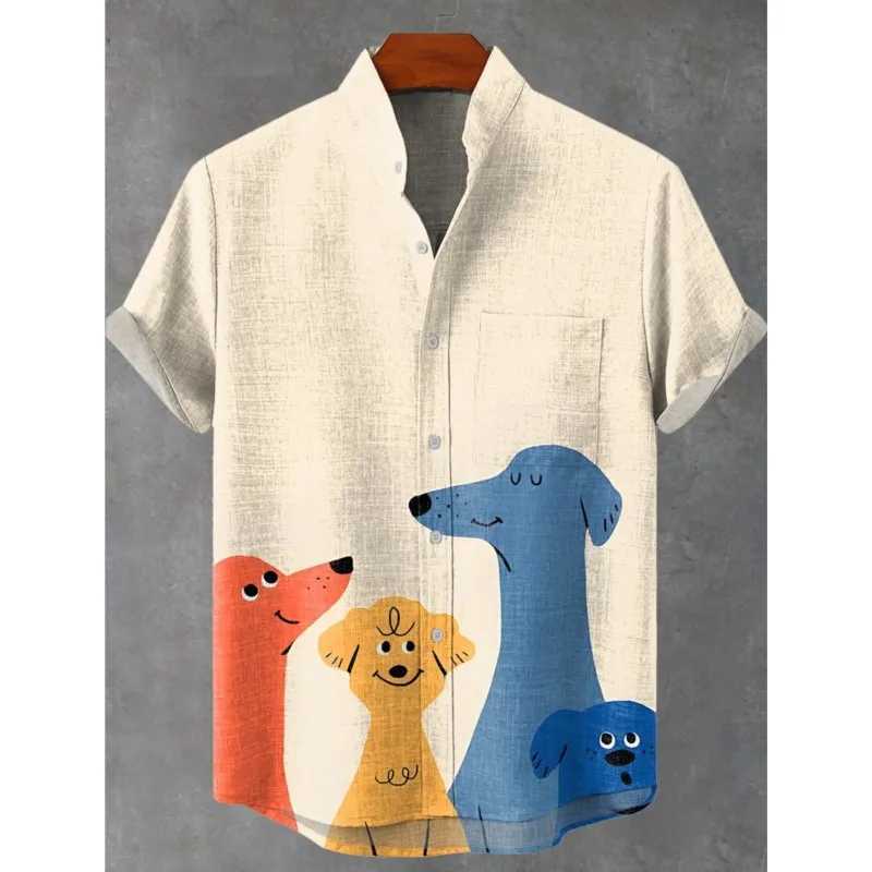 Mens New Cartoon Puppy Elegant Artistic Pattern Linen Fabric Short Sleeve Shirt Summer Casual Top Suitable For Vacation W250627