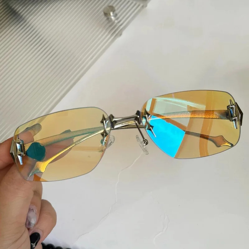 Y2K Vintage Rimless Square Sunglasses Women For Men Sun Glasses Punk Hip Hop Rivet Star Shades 250626