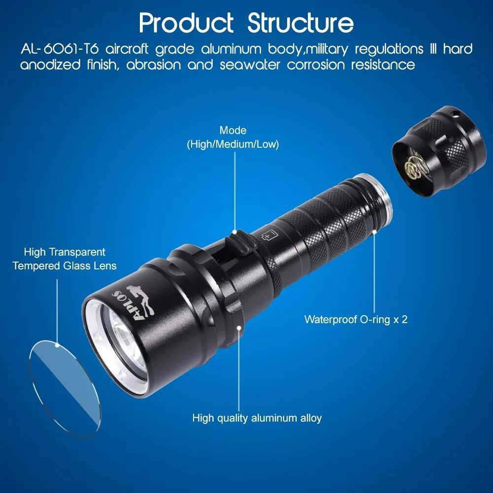 APLOS AP20 Dive Light 2000 Lumens Scuba Diving Flashlight IPX8 Waterproof Underwater Torch with Rechargeable Battery Charger W250701