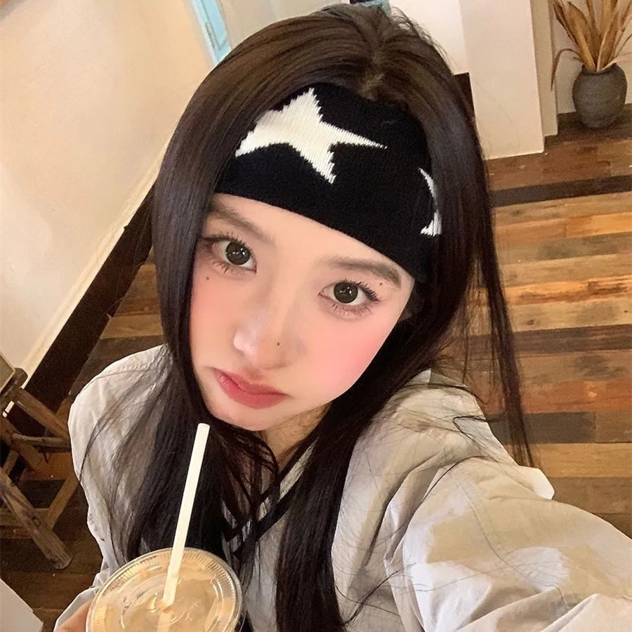 Gray Star Print Hip-Hop Wide-Hemmed Stretch Hairband - Casual, Fashionable, Minimalist, Versatile Knitted Sports Headwear for Women