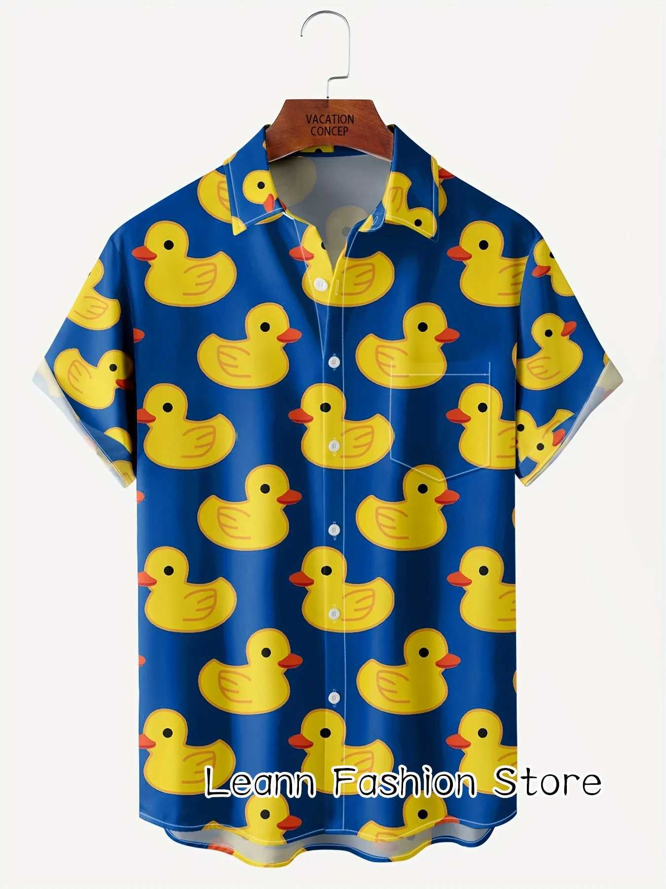 Men Summer Cute Cartoon Yellow Ducks Print Shirt Hawaiian Vacation Clothing Male Button Lapel Collar Fashion Beach W250627