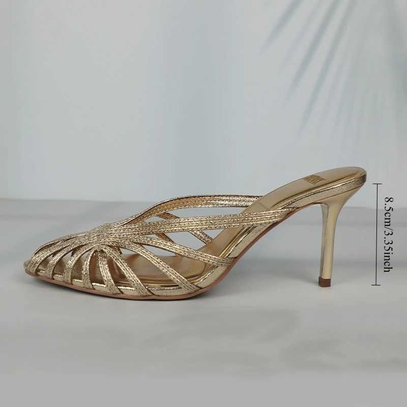 New Gold Hollow Thin Strip H for Women Pointed Toe Heeled Pumps Off Lady Mes Summer Stiletto Shoe Sandals 2025 Y250627