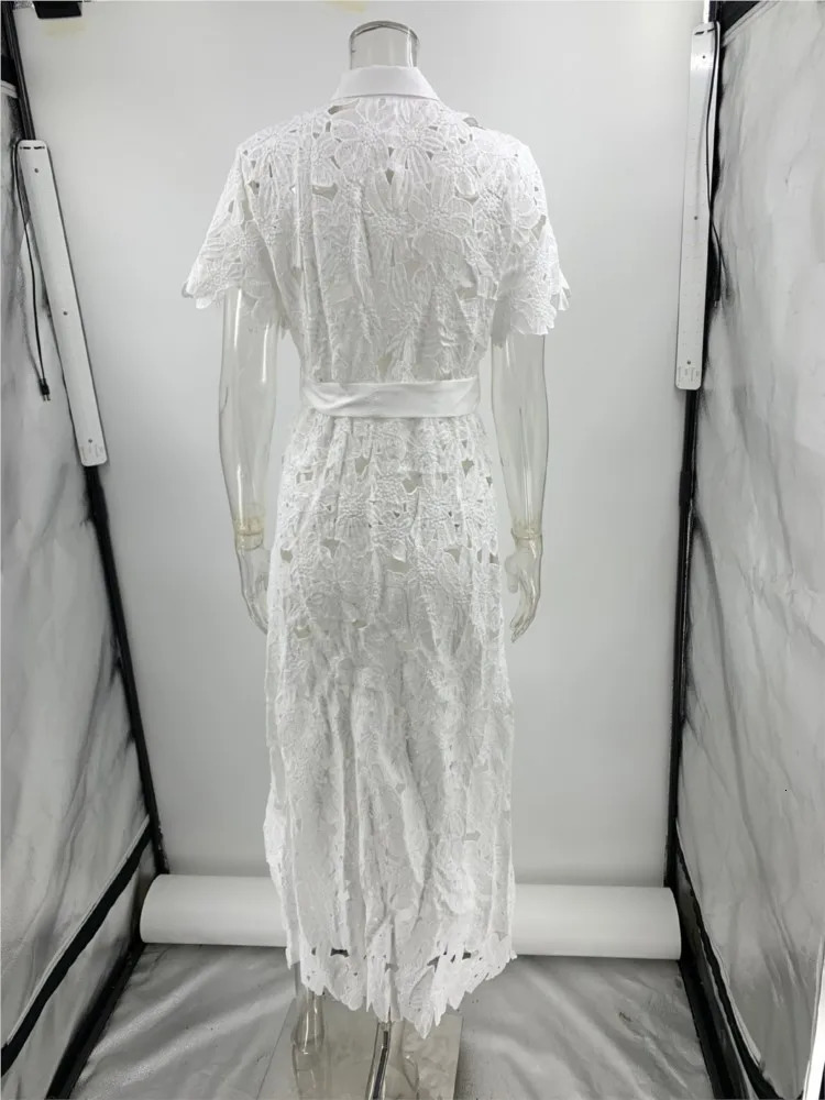 Elegant Long Dress Women White Sexy Hollow Short Sleeved Single Breasted Lace Up Dresses Summer Holiday Party Vestidos 250626