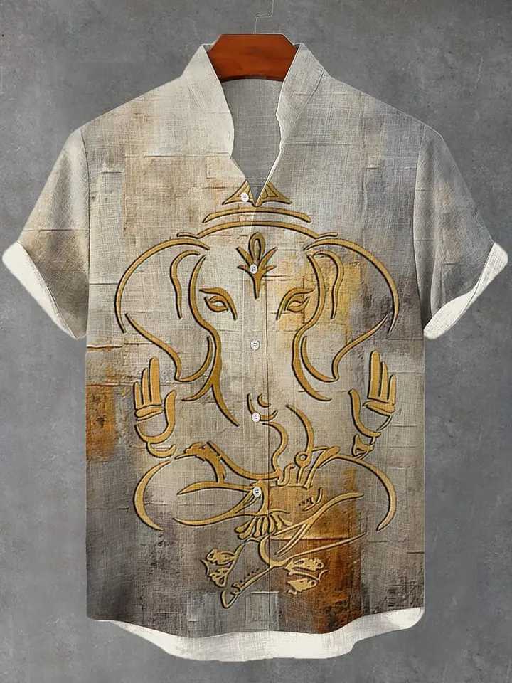 Retro African tribal totem pattern printed mens new linen comfortable fabric short-sleeved shirt for casual street wear W250627