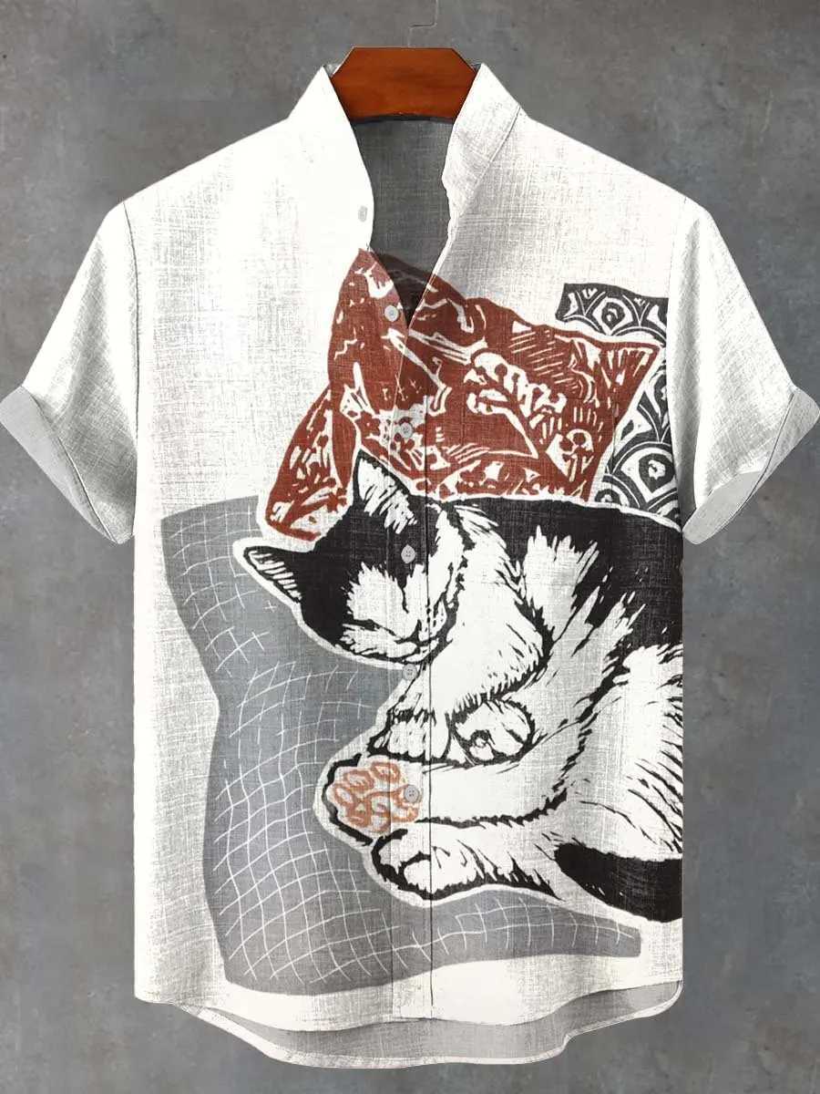 Mens Summer Japanese Style Art Cat Pattern Print Mens Retro Linen Short Sleeve Shirt Casual Simple Button Top Mens Shirt W250627