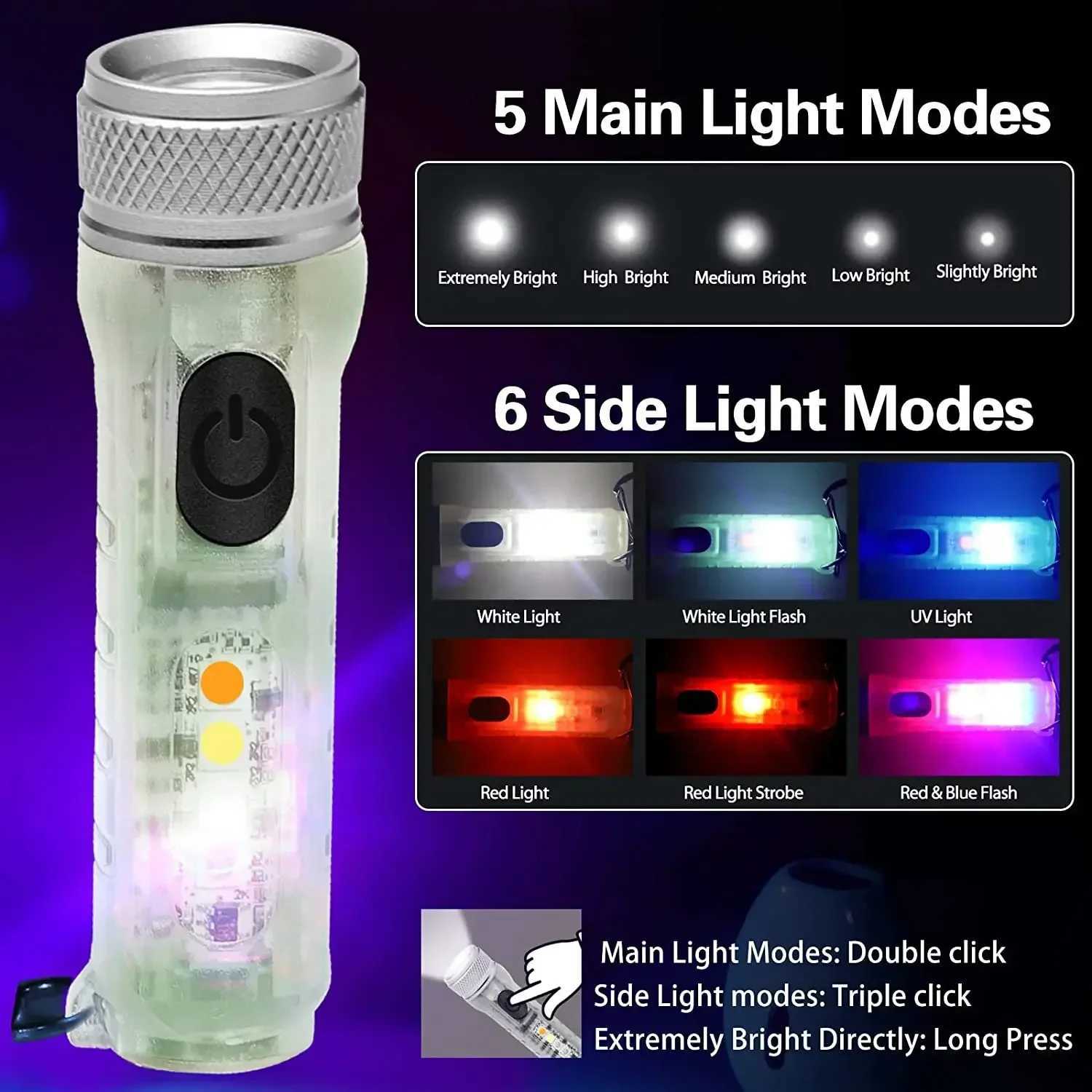 1-10PCS Fluorescent Flashlight Mini Keychain Light Rechargeable Multi-function Portable Magnetic Torch Lamp IP66 Warning Light W250701