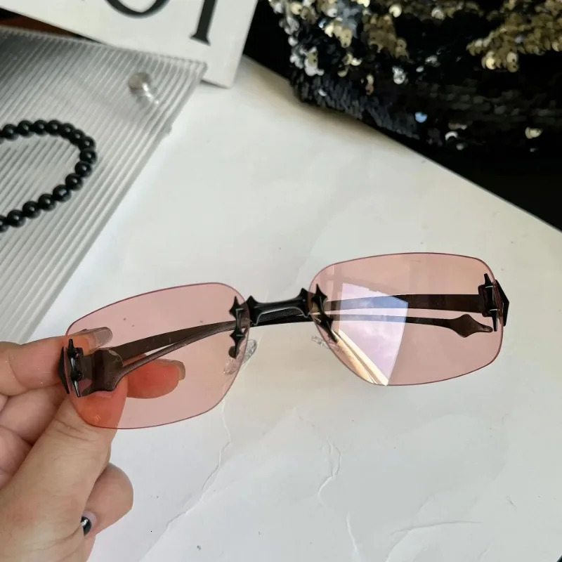 Y2K Vintage Rimless Square Sunglasses Women For Men Sun Glasses Punk Hip Hop Rivet Star Shades 250626