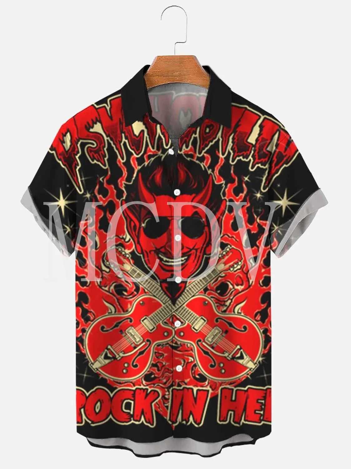 Mens Rockabilly Vintage Rocker Rock N Roll Printed Casual Breathable Short Sleeve Hawaiian Shirt W250627