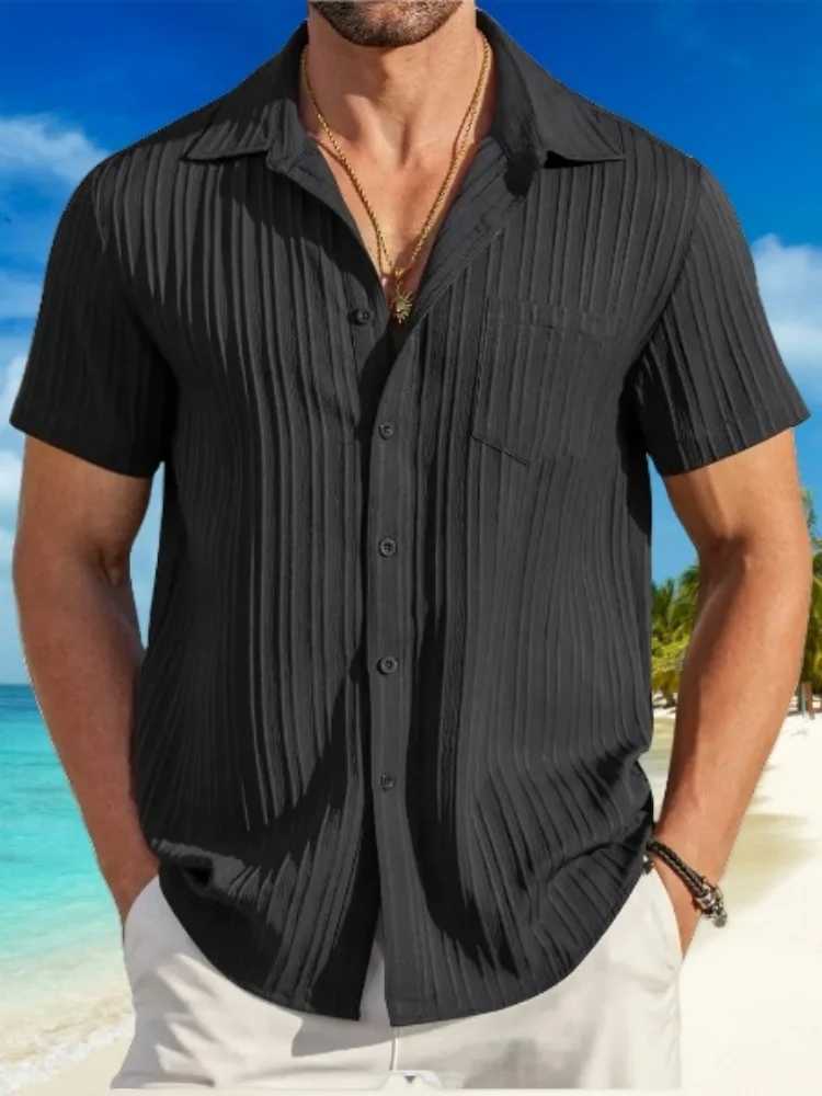 2024 Mens New Casual Fashion Striped Jacquard Pit Strip Lapel Chest Pocket Beach Outdoor Short-Sleeved Casual Shirt W250627