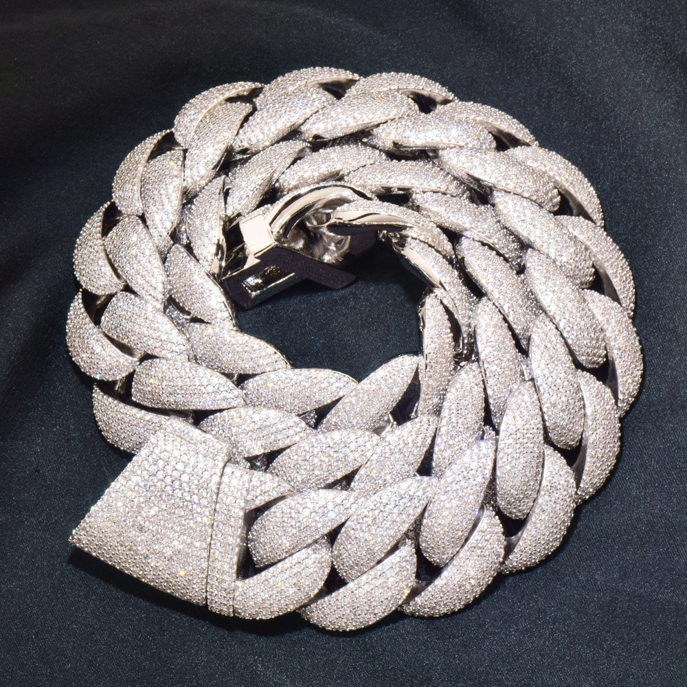 20mm Luxury VVS Moissanite Iced Out Hip Hop Crescent Cuban Chain Diagonal Clasp Bling Statement Necklace Passes the Diamond Tester