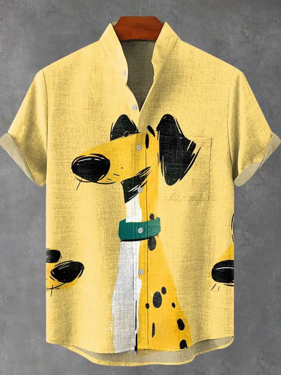 Mens New Cartoon Puppy Elegant Artistic Pattern Linen Fabric Short Sleeve Shirt Summer Casual Top Suitable For Vacation W250627
