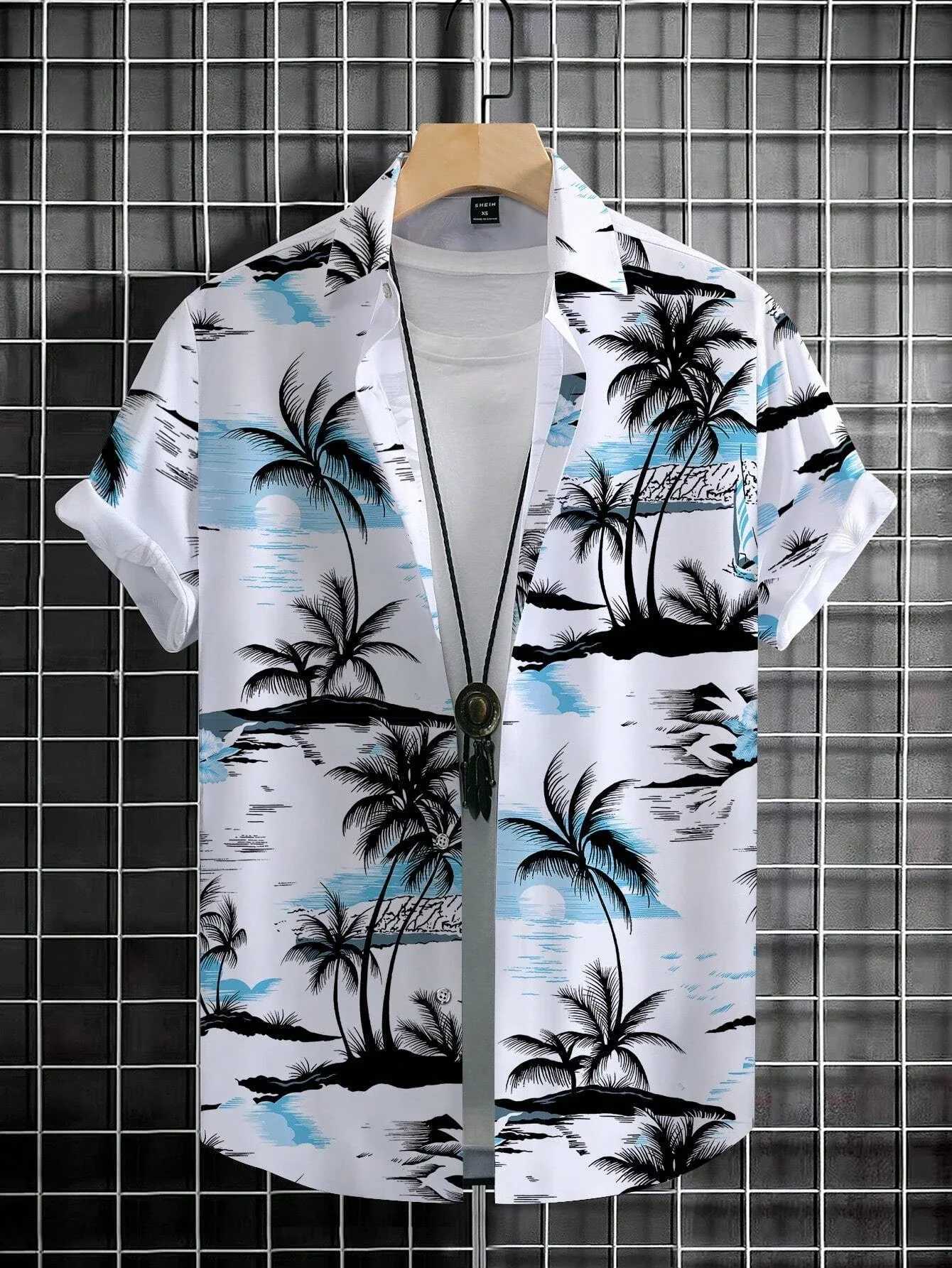 Mens Coconut Tree Graphic Print Short Sleeve Lapel Shirt Tops Mens Casual Button-Down Shirts For Summer Daily Wear And Resort W250627