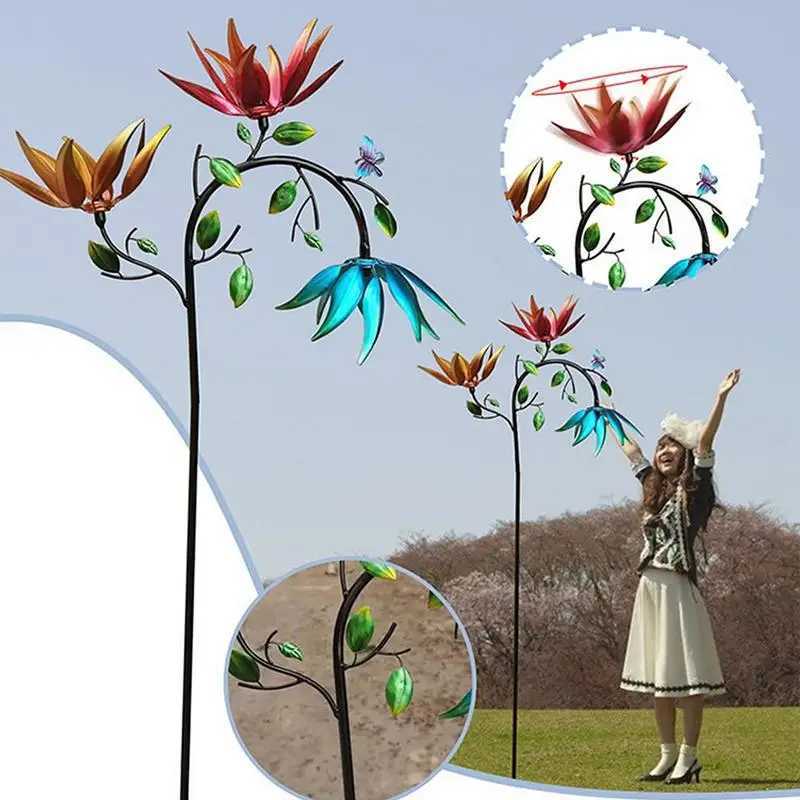 Large Metal Wind Spinner With Three Spinning Flowers Butterflies Windmill Wind Sculpture Outdoor Garden And Yard Art Decor X250627
