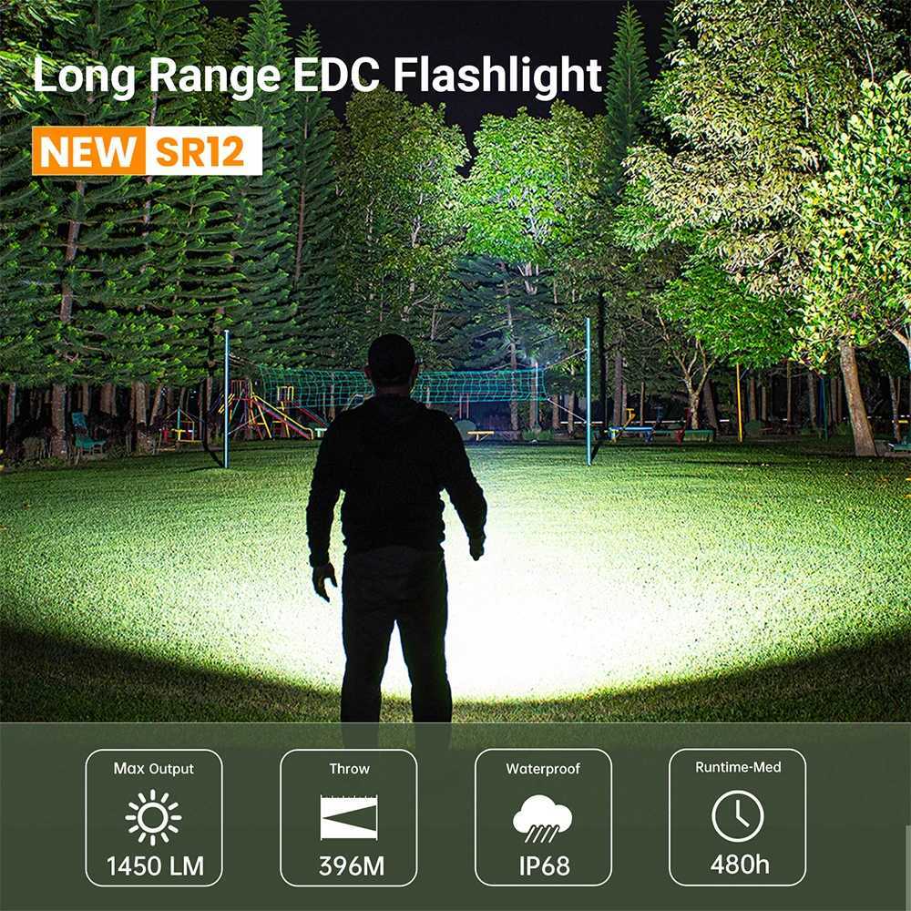 Sofirn SR12 EDC Flashlight 1450LM Powerful Light SFT25R LED 18650 USB C Rechargeable Torch IP68 Waterproof W250701