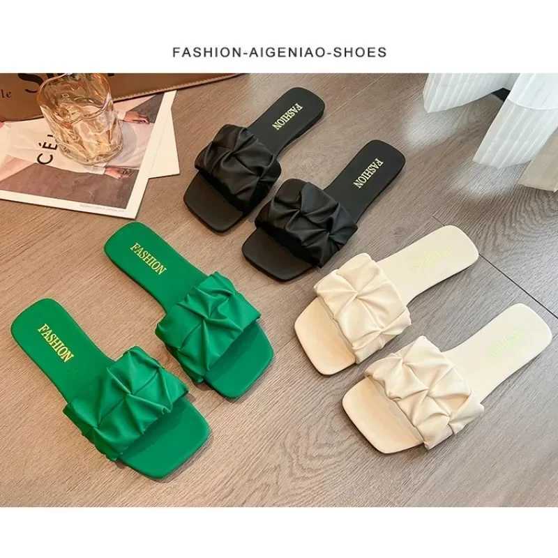 Summer for Women Flip Flops Flats New Pleated Korean Slippers Wen Sandals Green Slip on Shoes Big Size 35-42 Y250627