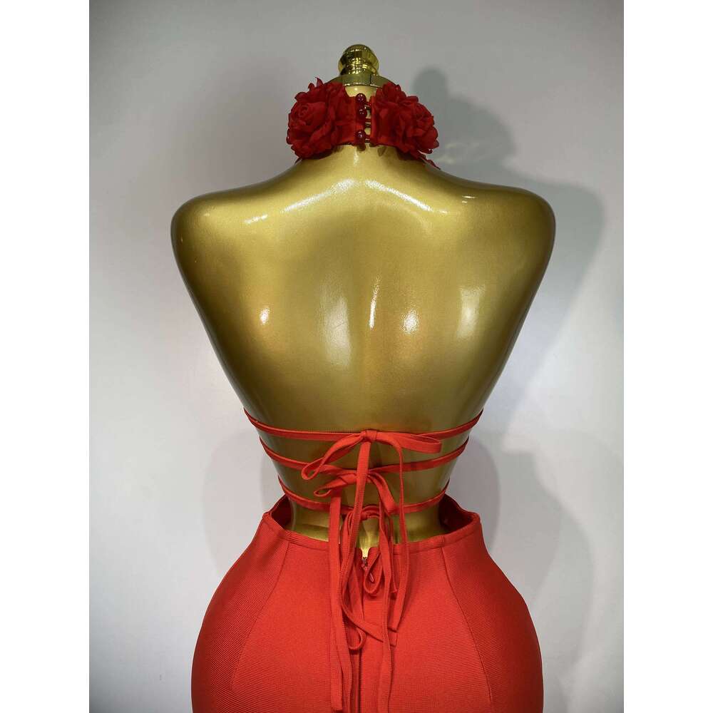 2025 New Women Sexy Halter Hollow Out Flowers Bodycon Bandage Dress Red Backless Elegant Party Birthday Wedding Dresses