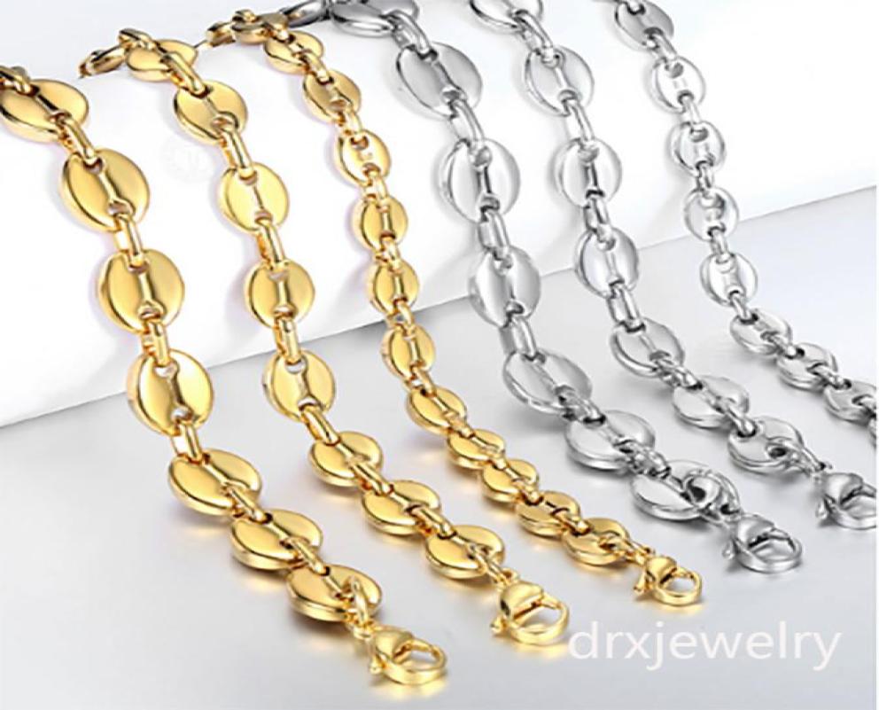 Men Woman 8MM 18K Gold Plated Stainless Steel Coffee Bean Oval Necklace Chain Marina Link Chain Bracelet Hip Hop Jewelry1804480