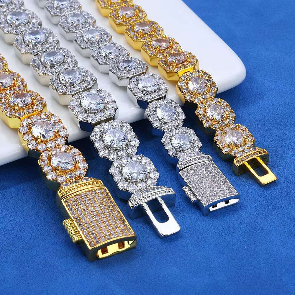 European American Hip Hop 10mm Rock Candy S925 Silver Moissanite High-End Personalized Fine Chain Link Bracelet for Men