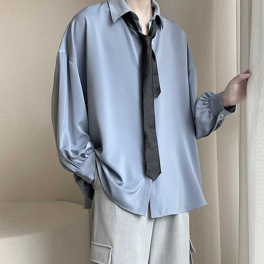 Korean Style Mens Long-sleeved Shirts Black Tie Cozy Casual Solid Oversize Blouses Breathable Loose Shirt Harajuku Male Clothes W250627
