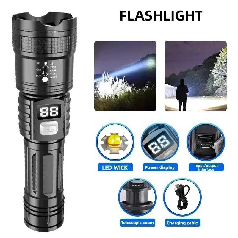 KDULIT High Power Rechargeable LED Flashlight Ultra Strong Powerful Torch Light Built-in Battery Tactical Flashlight for Outdoor W250701