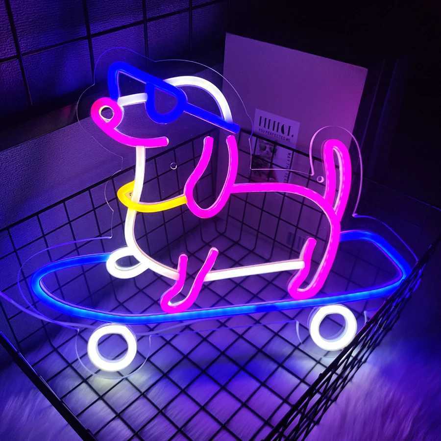 Skateboard Dog Neon Sign Cute Glasses Dog LED Neon Light Dimmable Animal Light Up Sign for Bedroom Decor Pet Shop Art Wall Decor XJ250626