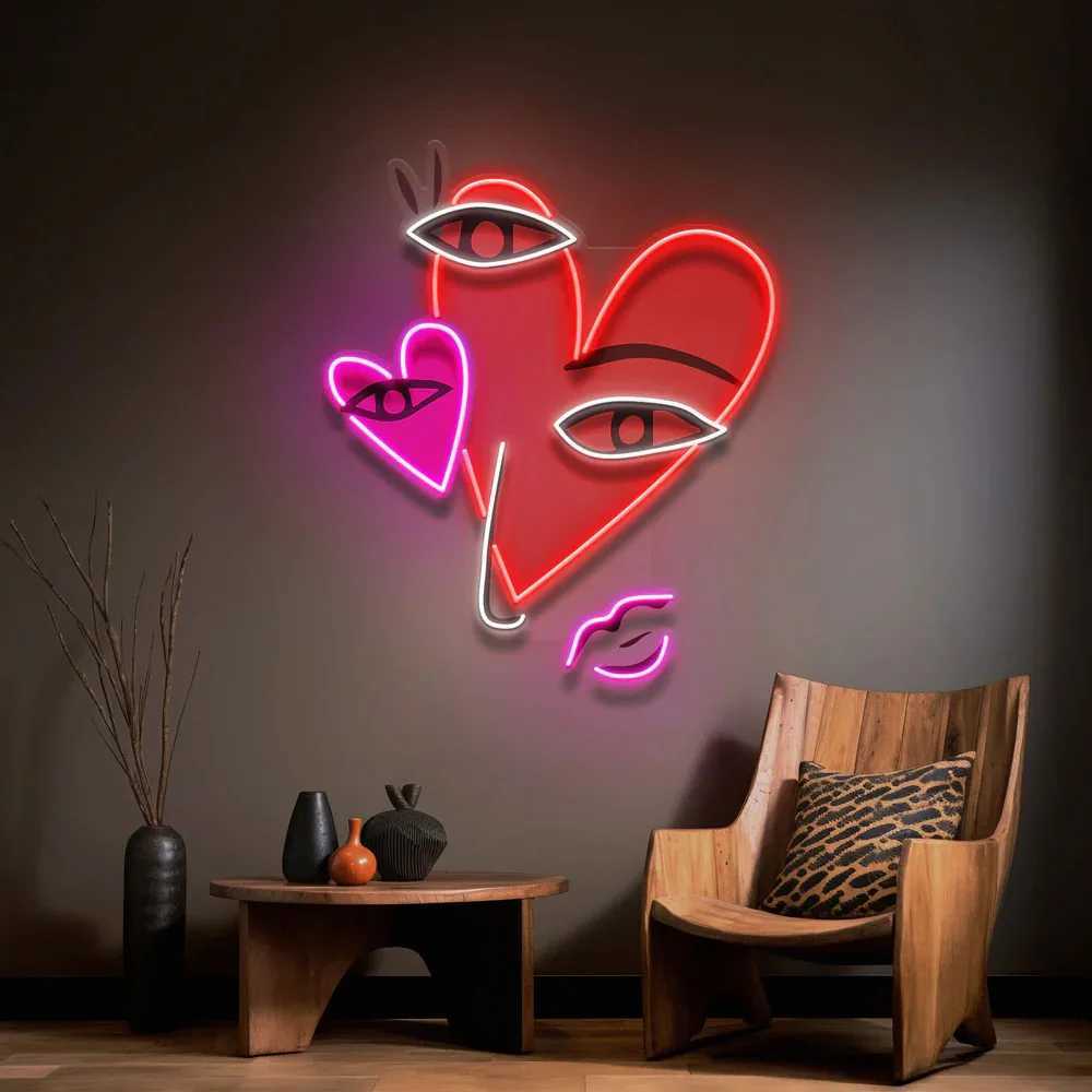 Abstract Face With Hearts Neon Sign for Wall Decor UV Print Neon Pop Art Wall Decor Home Bar Beauty Salon Decor Birthday Gift XJ250626