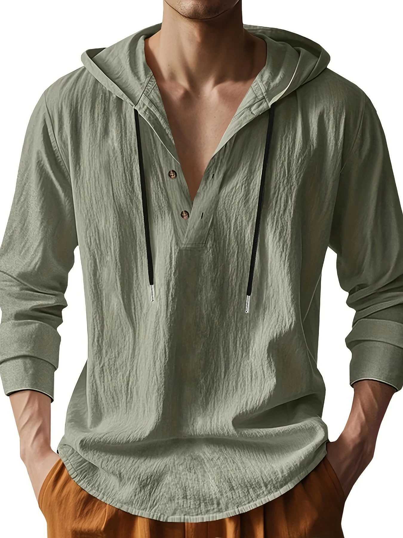 Mens Lightweight Linen Hooded Henley Shirt Casual Long Sleeve Button-Up Drawstring Solid Color W250627