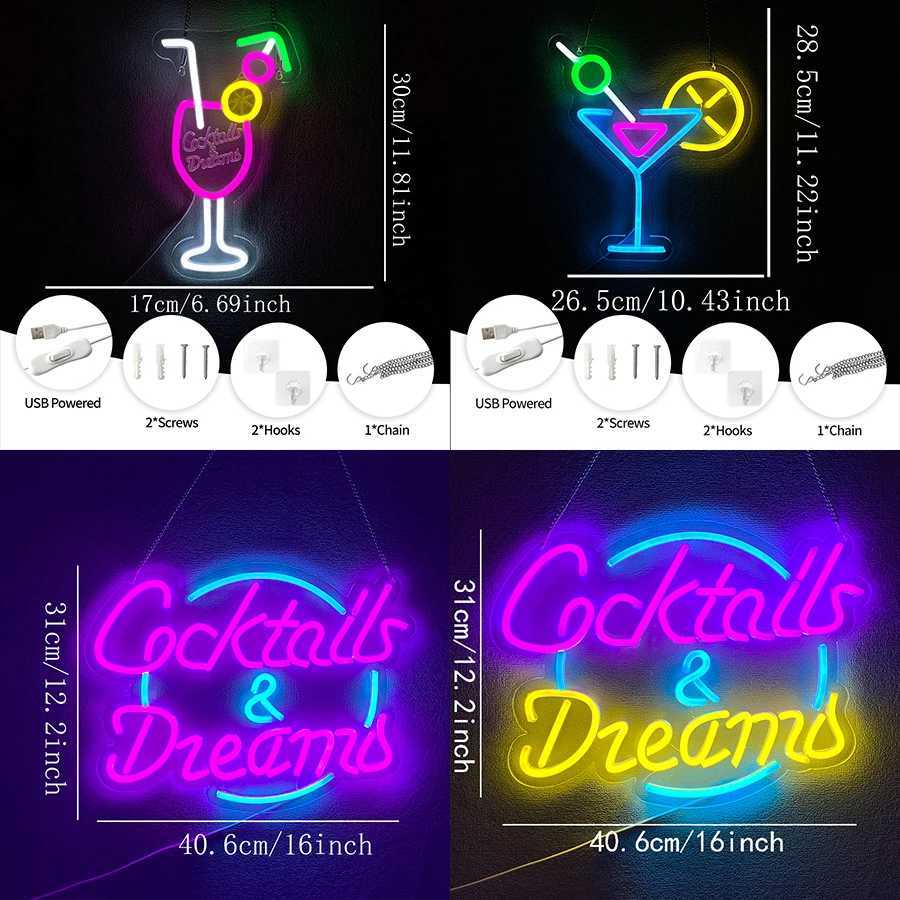 Cocktails and Dreams Neon Sign for Wall DecorLED Neon Light Signs for Bedroom Room Home Beer Bar Bistro Art DecorUSB PoweredXJ250626