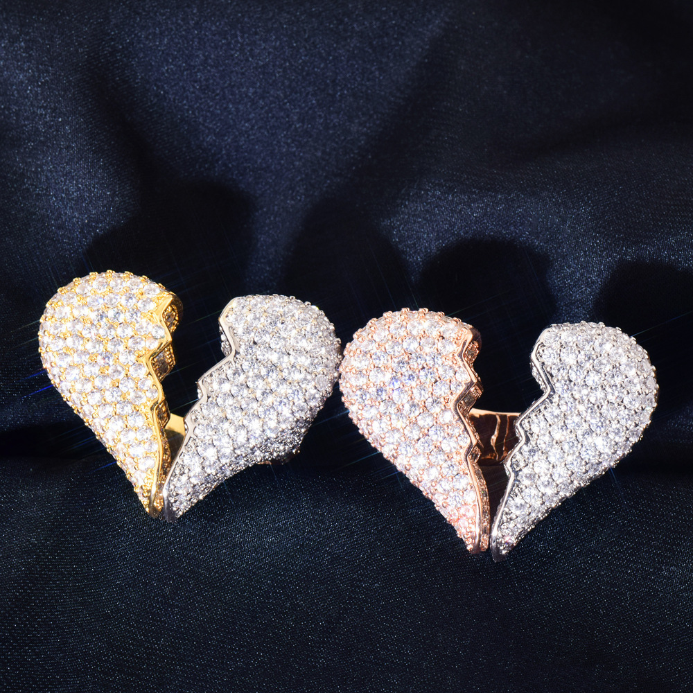 New Release High-Quality VVS Moissanite Iced Out Hip Hop Edgy Broken Heart Ring Couple Bling Trendy Jewelry Passes the Diamond Tester