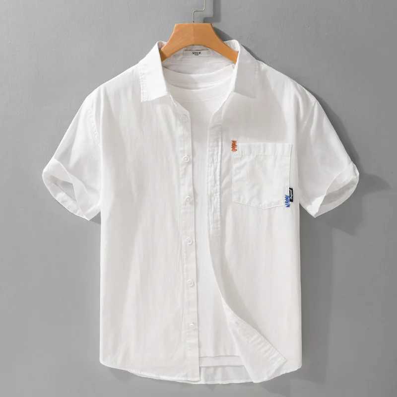 2025 Summer New 00% Cotton Casual Simple Short Sleeve Shirt For Men Turn-down Collar White Shirt Male W250627
