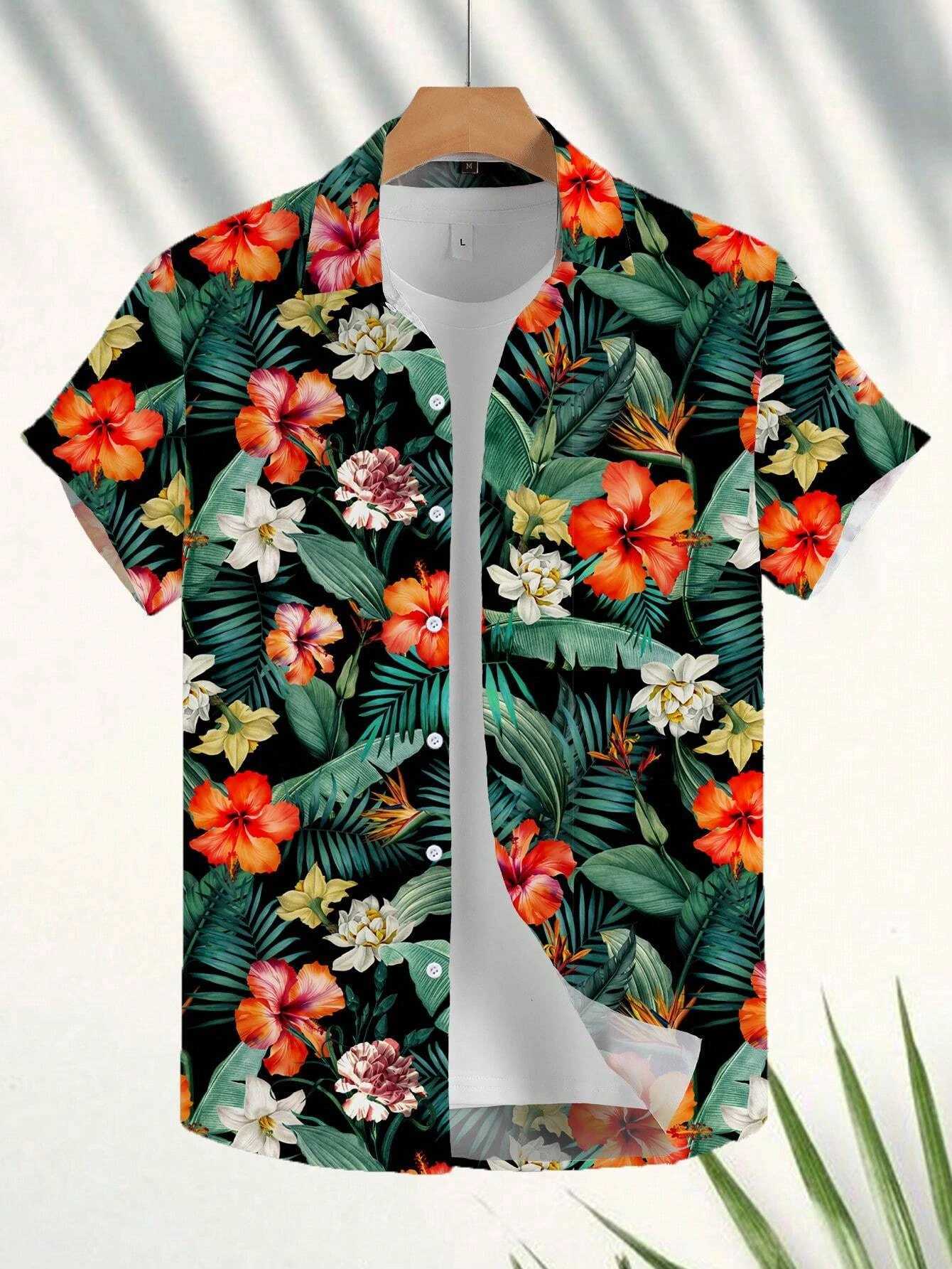 Coconut Tree Fresh Flower Pattern Mens Short-sleeved Button Lapel Shirt Summer Seaside Beach Vacation Hawaiian Style Shirt W250627