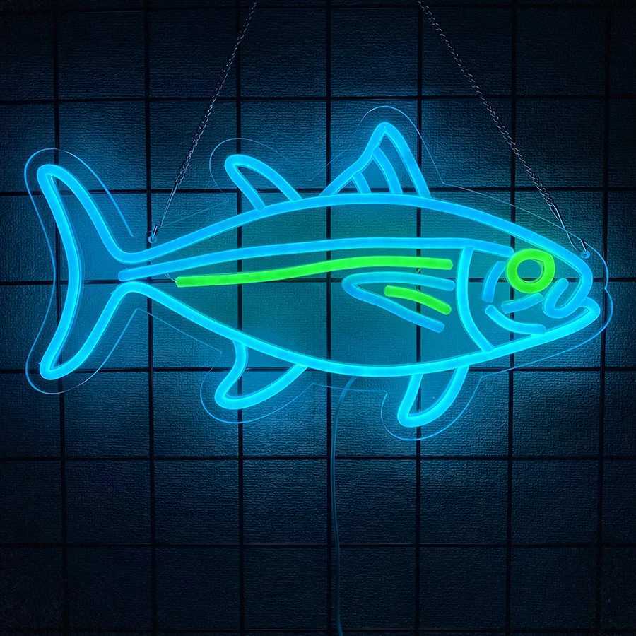 Tuna Neon Sign Blue Green Fish Neon Lights Signs for Wall Decor LED Signs for Bedroom Living Room Restaurant Shop Birthday Gifts XJ250626