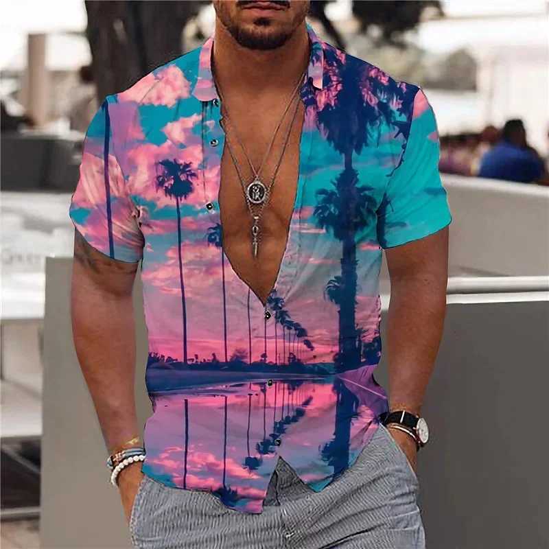 2024 Summer Hawaiian Mens Shirt Vacation Daily Slim-fit Top Gym Elegant Floral Pattern Leaves Society Casual Fashion W250627