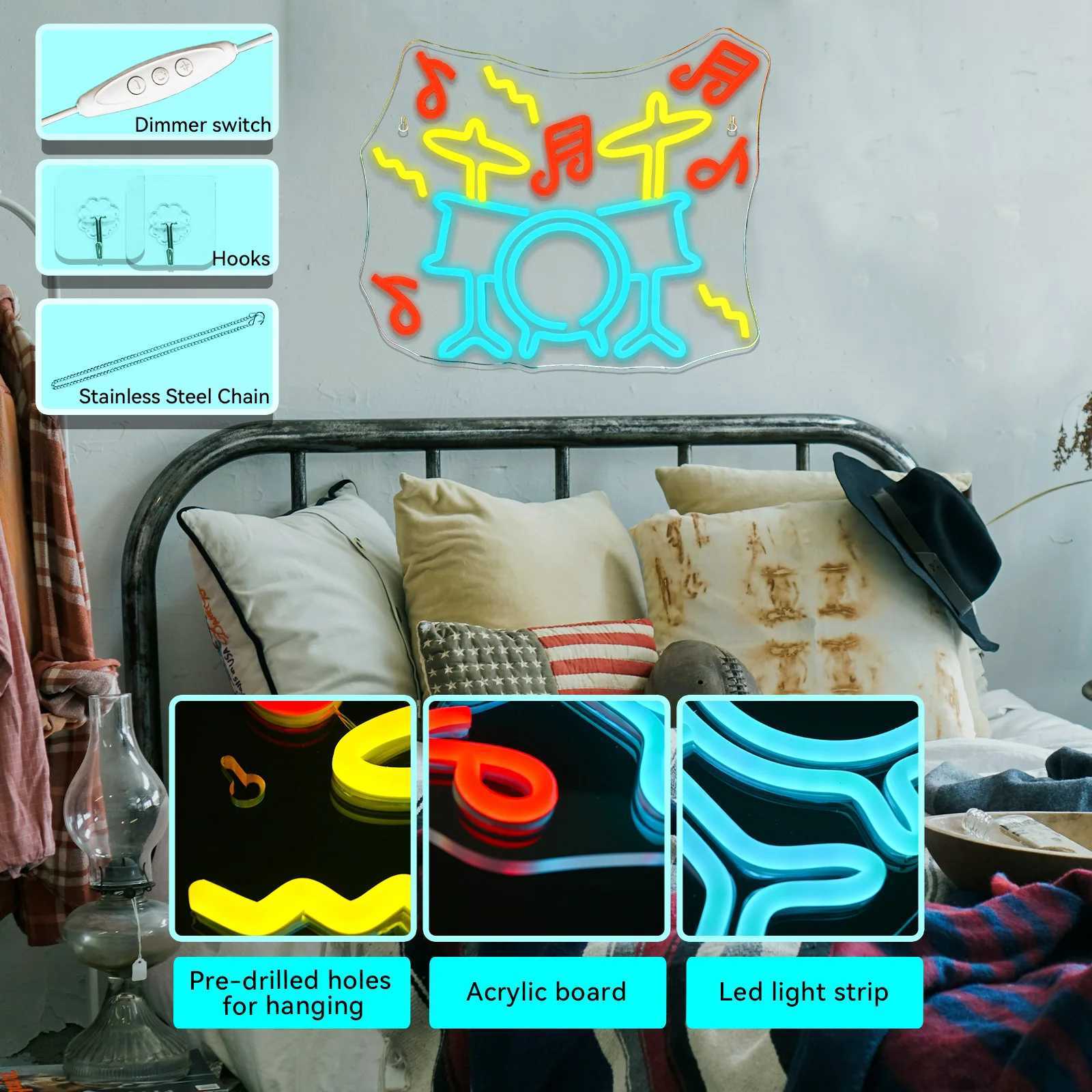 Drum Kit Neon Signs Custom For Bedroom Wall Art Decor 5/12V USB Powered Live Music Studio Party Decor Dimmable LED Neon Signs XJ250626