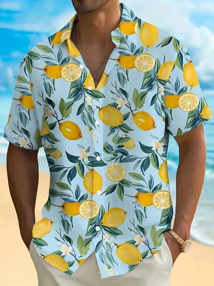 The 2025 Summer Mens Short-sleeved Lemon Print Single-breasted Shirt Is Perfect For Beach Vacation And Casual Wear W250627
