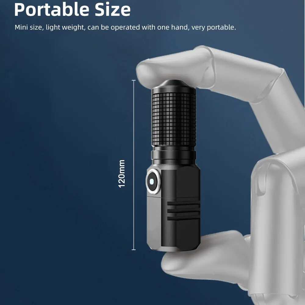 Mini Flashlight XHP50 LED USB C Rechargeable 16340 18650 Battery Flashlight 1500lm Powerful Torch Can Be Closed with One Click W250701