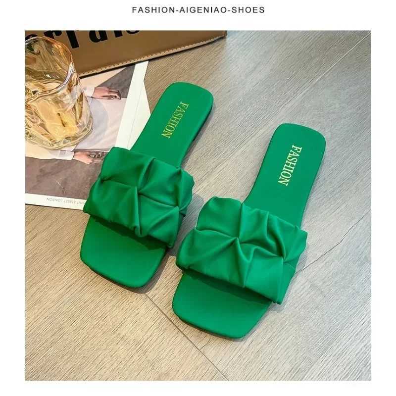 Summer for Women Flip Flops Flats New Pleated Korean Slippers Wen Sandals Green Slip on Shoes Big Size 35-42 Y250627