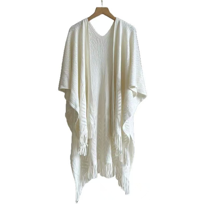 K1151 Air-conditioned room office knitted shawl women's hollow tassel fashionable cheongsam outer wear white cape cloak thin section