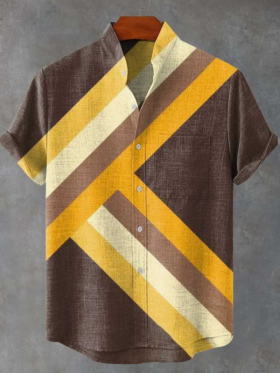 2025 Summer New Color Blocked Art Elegant Pattern Printed Linen Short Sleeved Shirt Comfortable High Quality Button Mens Top W250627