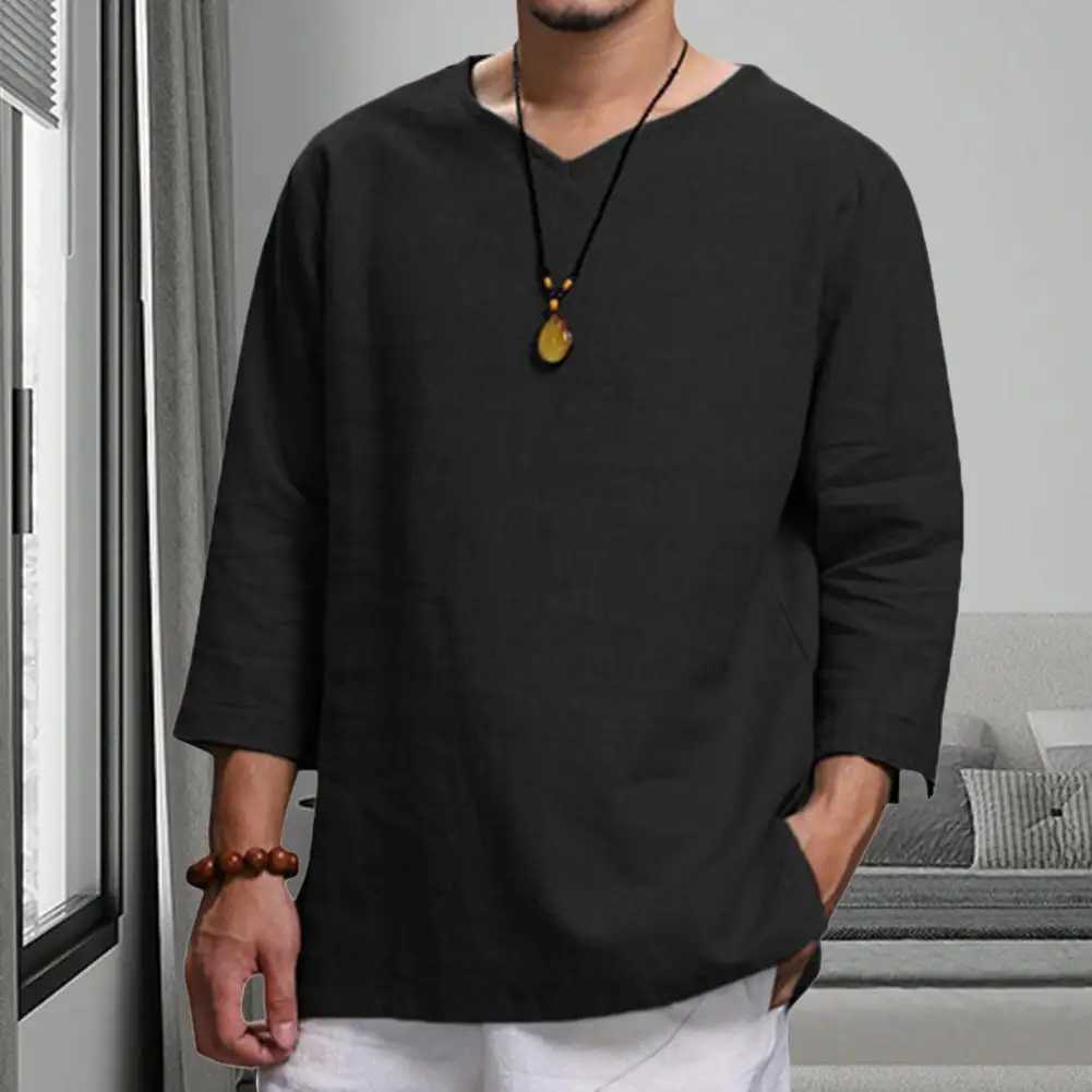 Cotton And Linen Men New 3/4 Sleeve Loose Solid Casual Large Pullover Shirt Leisure Summer Spring Long Sleeves Men Casual Shirt W250627