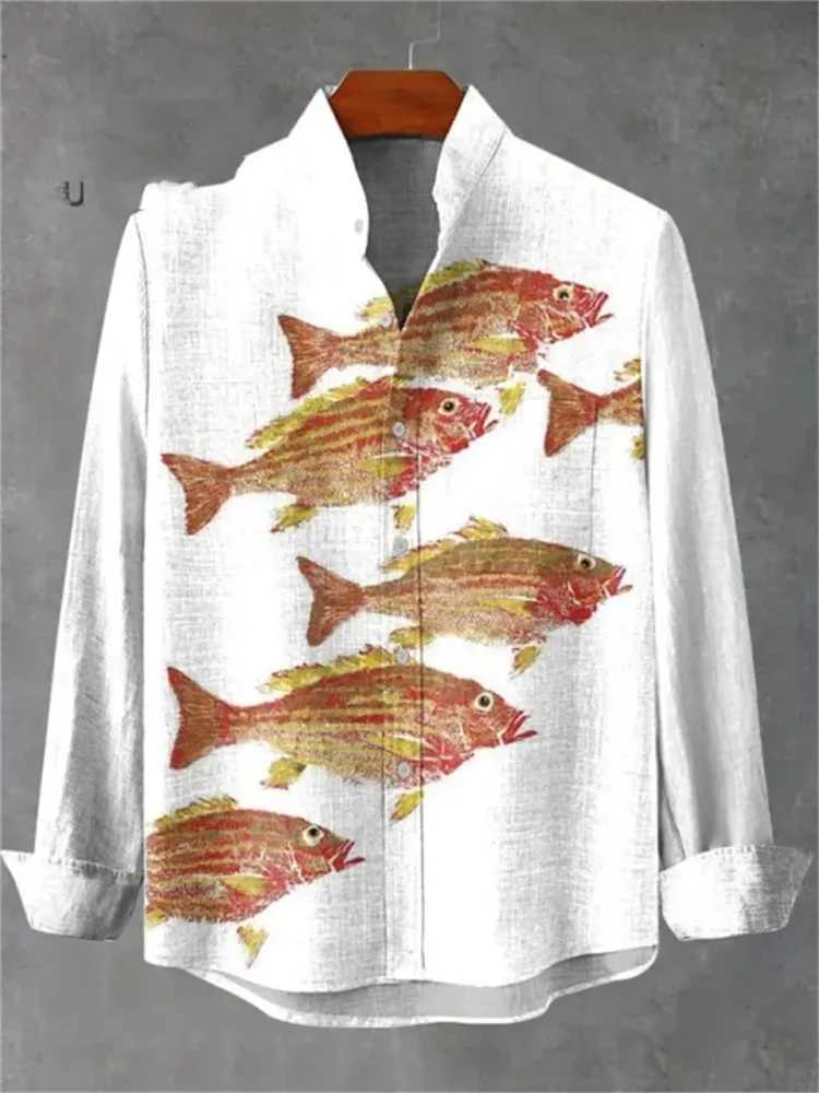 2025 New Retro Style Fish 3D Printed Mens Shirt Fashion Design Casual Linen Comfortable Fabric Button Long Sleeve Shirt W250627