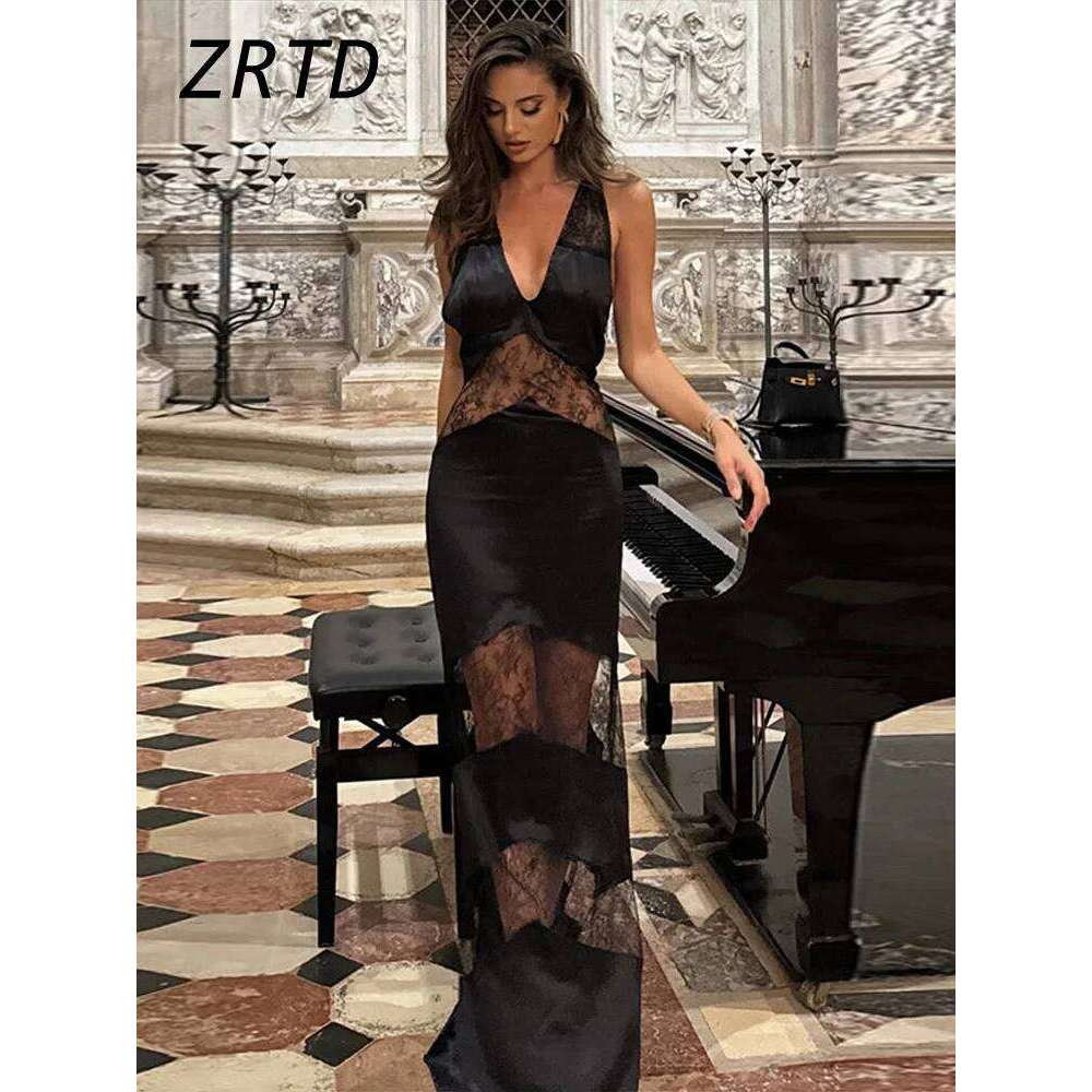 Designer Clothing 2025 Elegant Lace Spliced Halter Long Dress Women Sexy Backless See Through Female Party Dresses 2025 Summer Lady Chic Evening Gowns