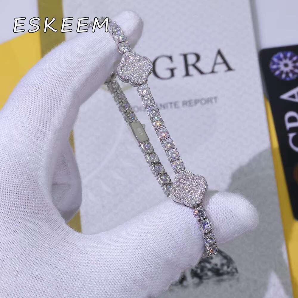 High Quality VVS Moissanite Four Leaf Clover Tennis Bracelet 925 Sterling Silver Gold Plated Iced Out Womens Jewelry