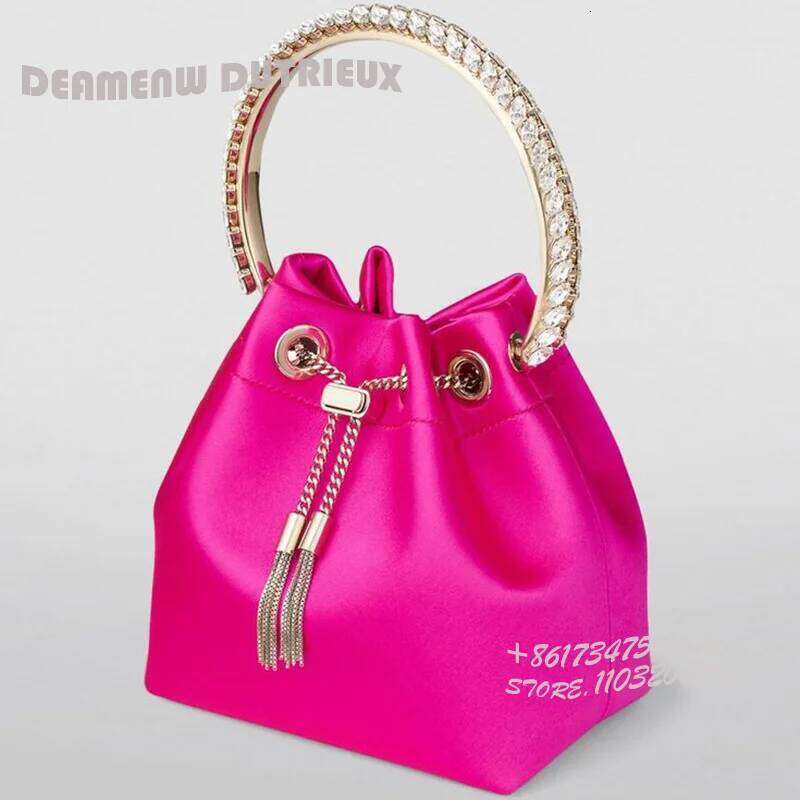 Fuchsia Crystal Bracelet Clutch Bon Pink Women Elegant Dress Silk Glitterati Tassel-Tie Bling Party Riband Mini Bag