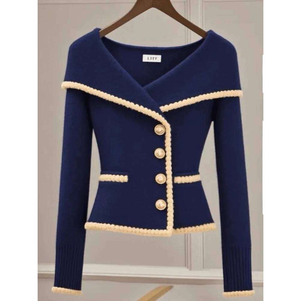Light High-End Navy Blue Cardigan Sweater For Women, 2024 Autumn And Winter New Fashion Versatile Knitted Top