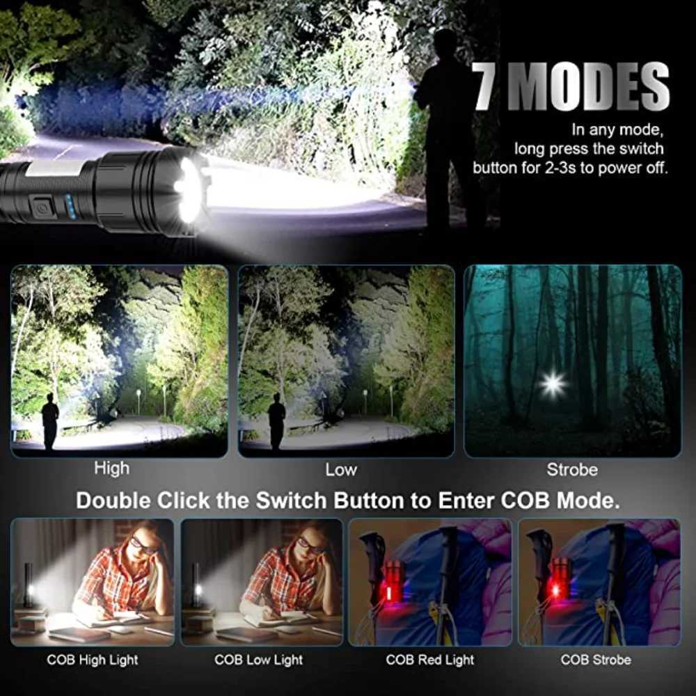 2000000 LM XHP200 Bright LED Flashlight with COB Work Light 5000mAH Type-C USB Rechargeable Tactical Flashlight XHP50 Zoom Torch W250701