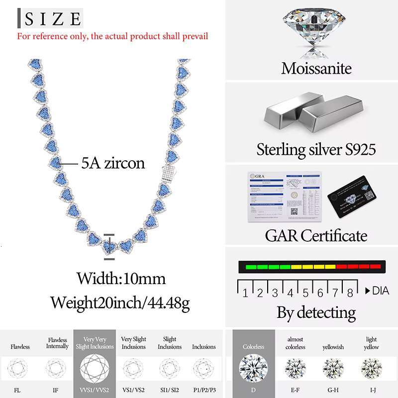 Valentine Day Gift High Quality Fashion 925 Silver 10mm Heart Shape Vvs Moissanite Diamond Blue CZ Heart Tennis Chain