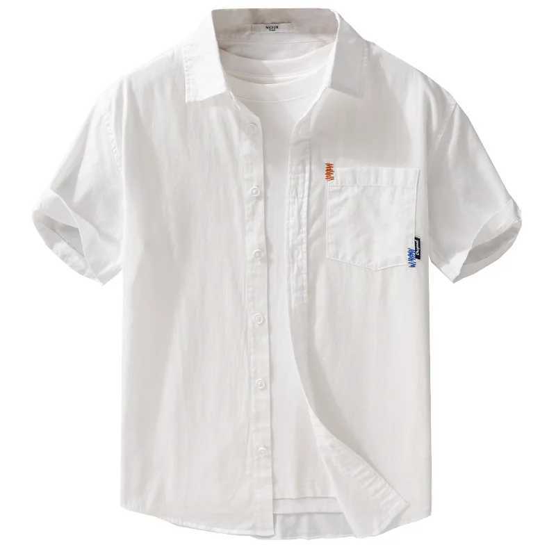 2025 Summer New 00% Cotton Casual Simple Short Sleeve Shirt For Men Turn-down Collar White Shirt Male W250627